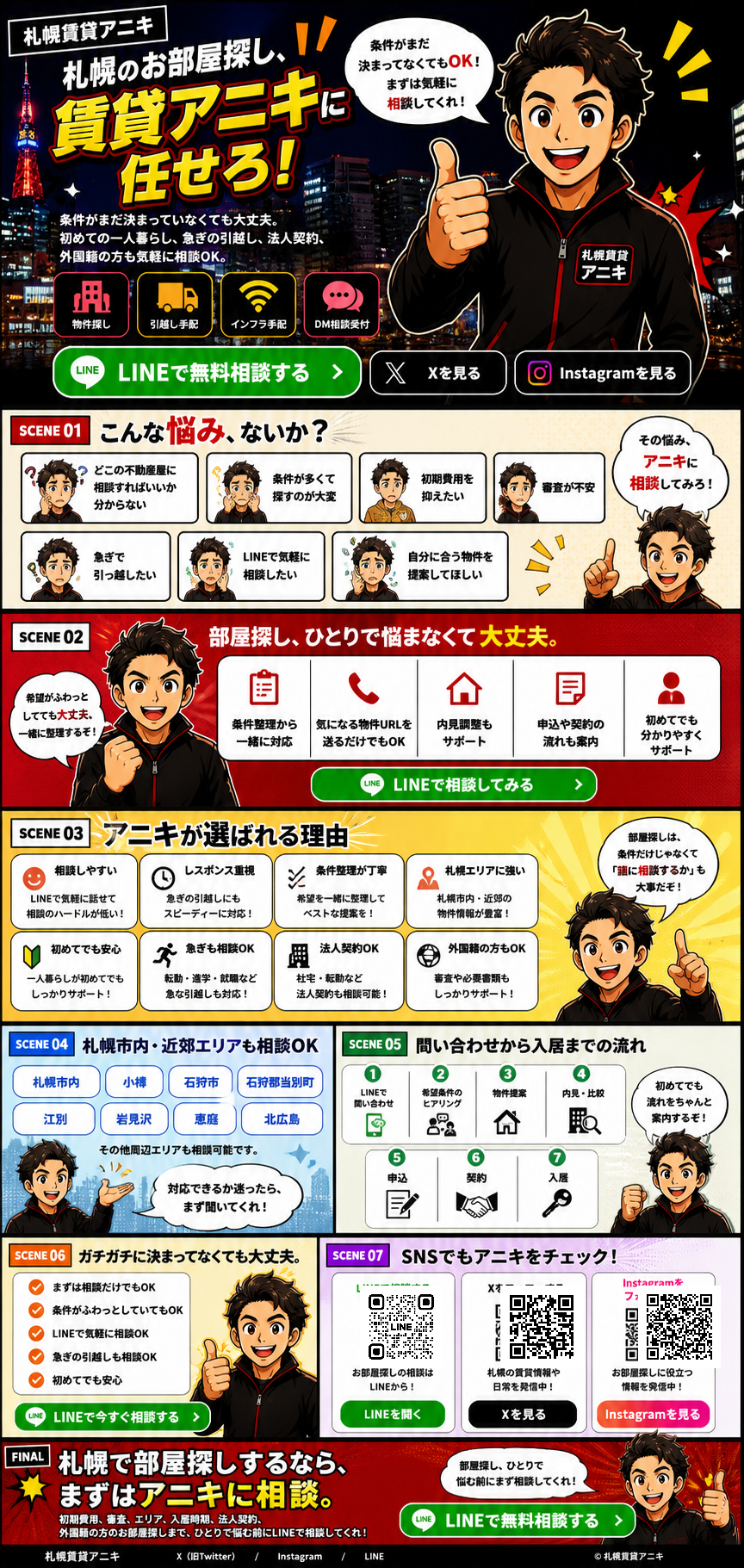 札幌賃貸アニキ 漫画風LP。札幌のお部屋探し、賃貸アニキに任せろ。LINEで無料相談できます。
